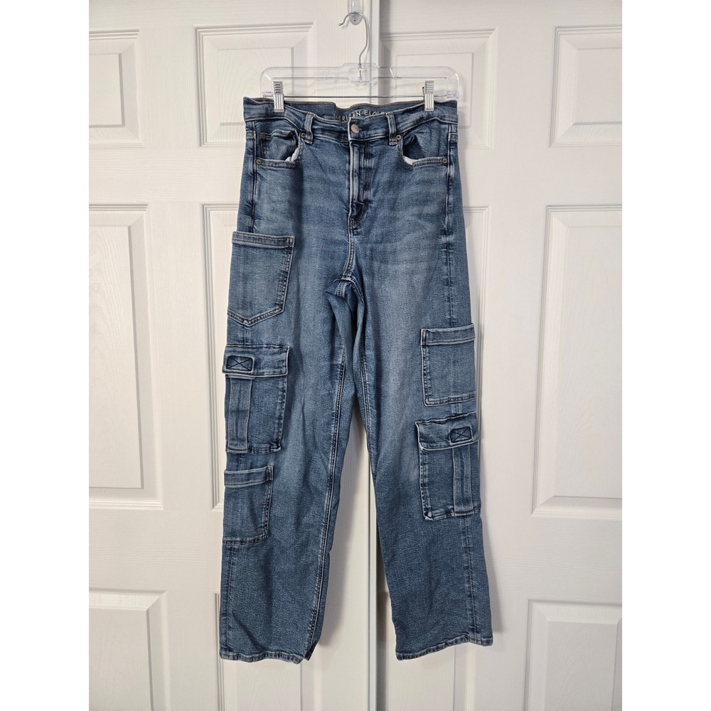 American Eagle Super High Rise Baggy Cargo Jeans Straight Leg Stretch 10R